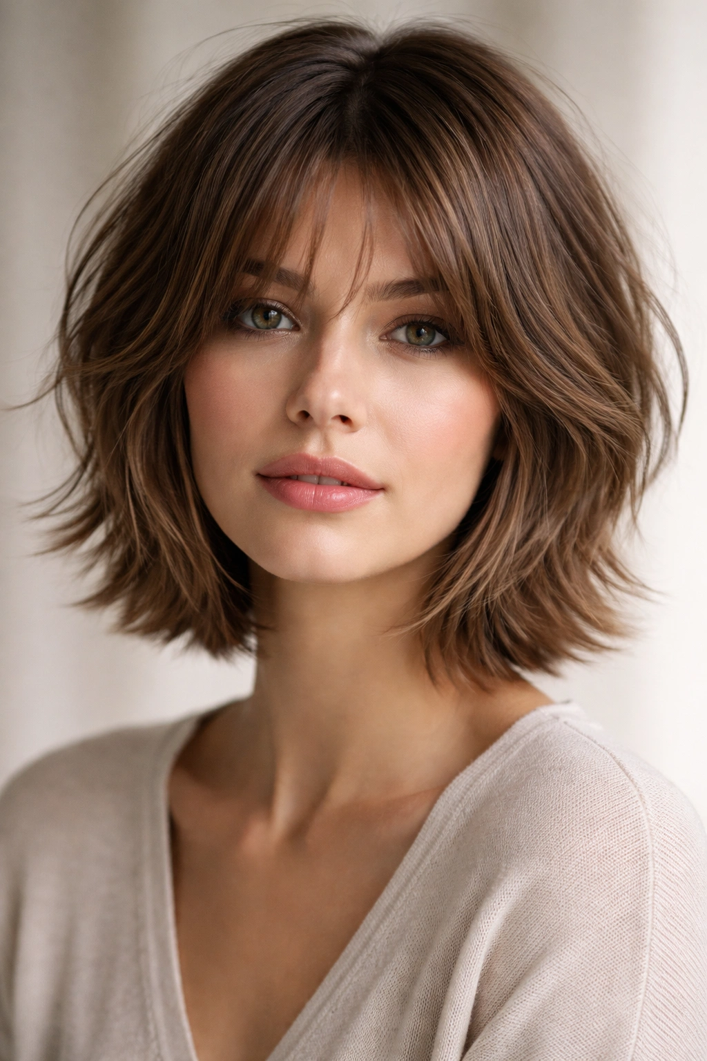 Portrait of a model with layered crop and face-framing curtain bangs.