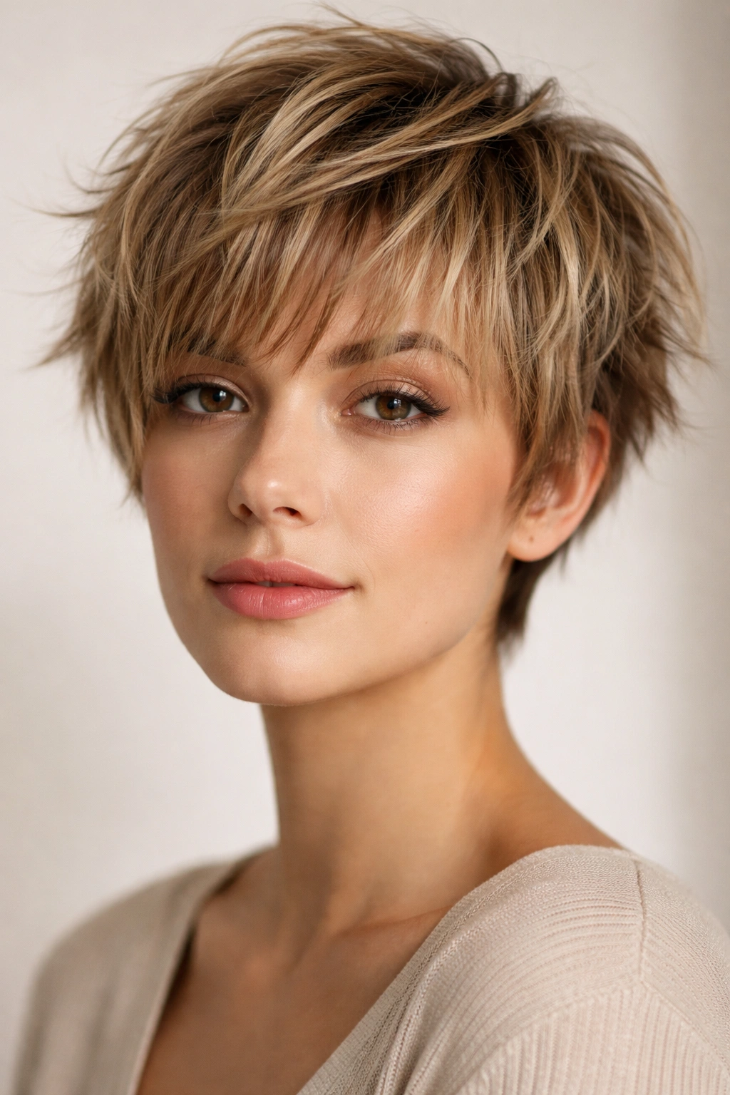 12 Short Layered Cuts For Volume And Texture 8 Close-up of layered crop with choppy fringe above eyebrows