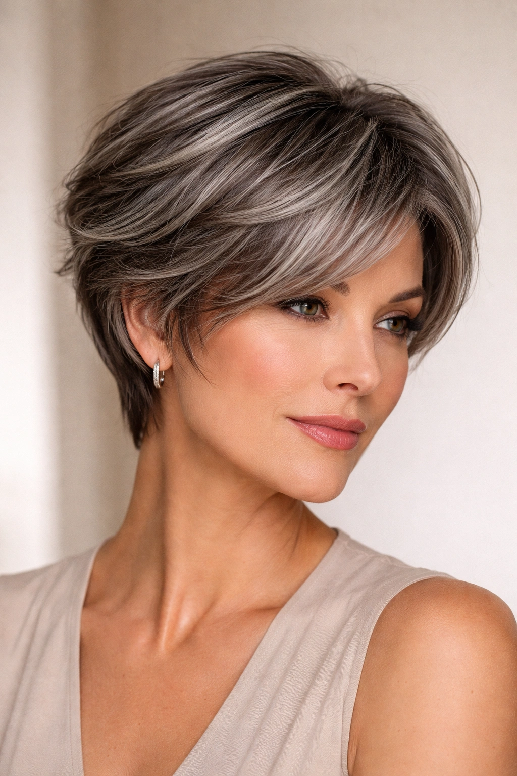 10 Short Haircuts Accented With Soft Gray Highlights 5 Head-and-shoulders of layered crop with blended gray streaks
