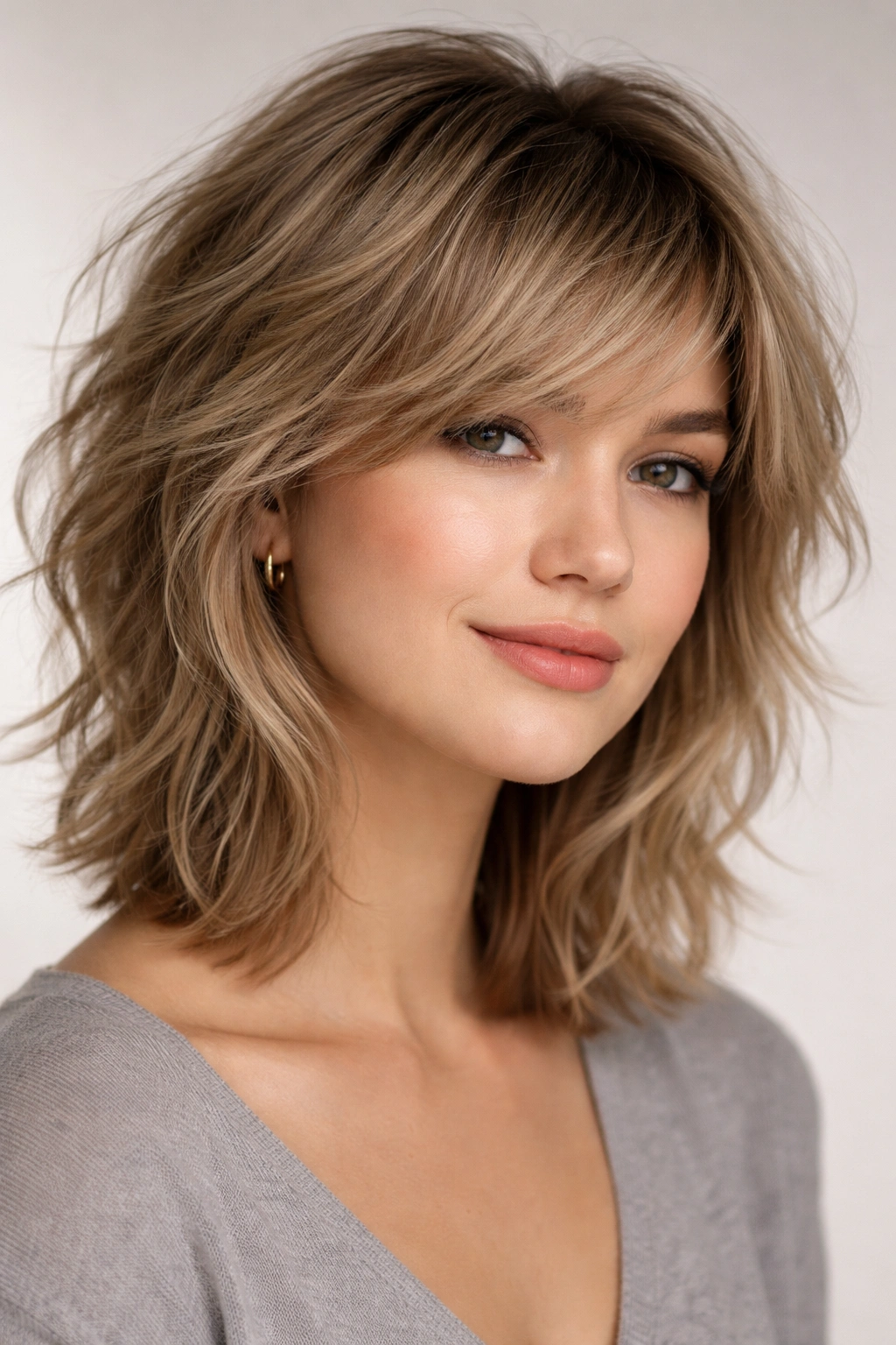 Close-up of layered cropped haircut on fine hair showing crown volume and texture
