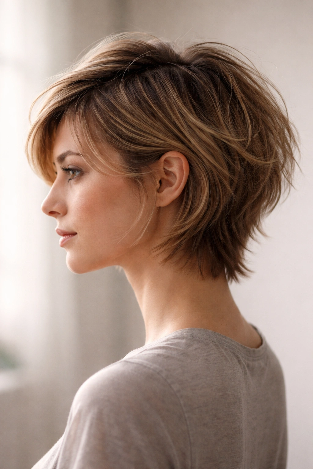 10 Short Haircuts That Grow Out Without Awkwardness 5 Profile view of a person with a layered crop showing tapered sides and longer top