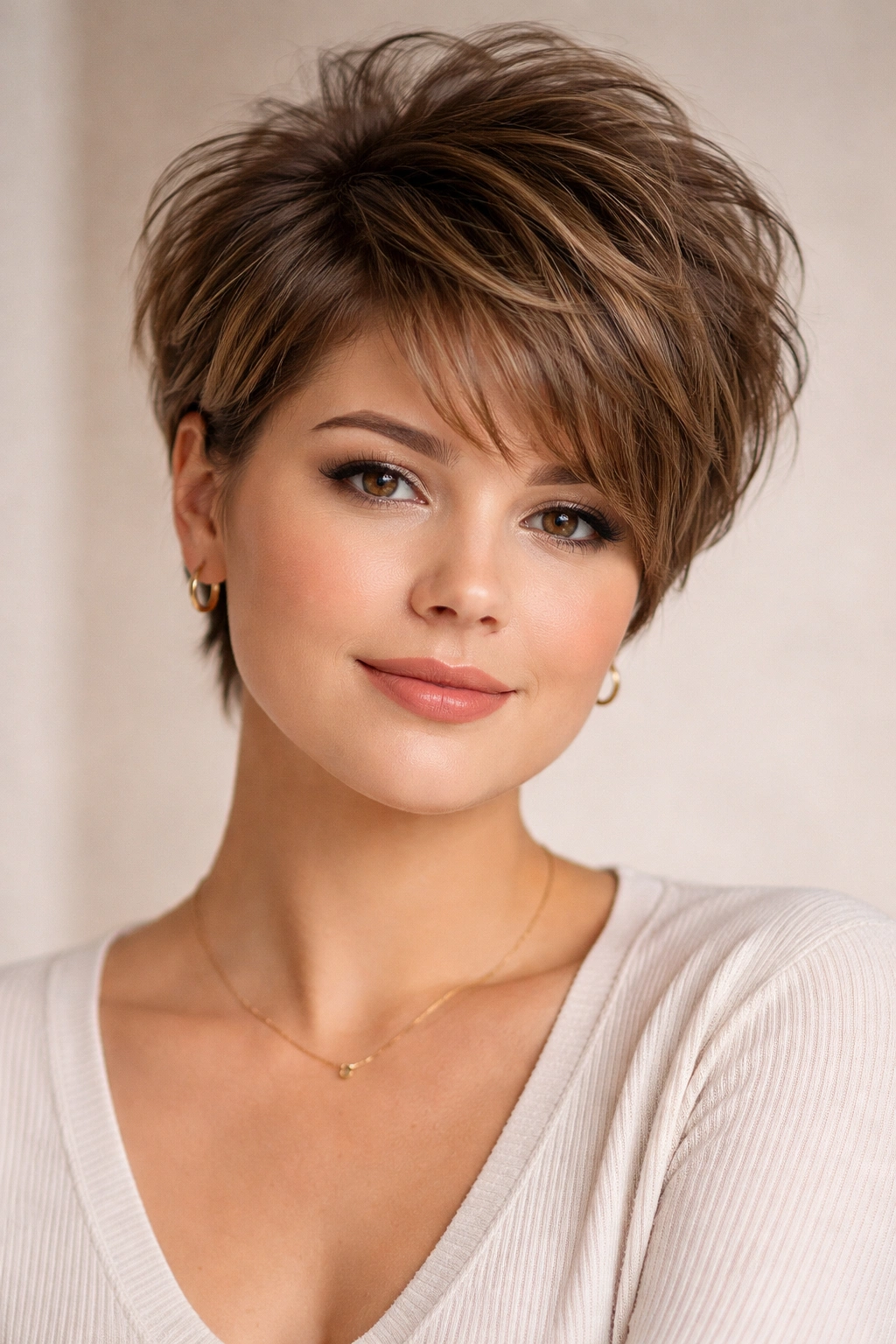 25 Short Haircuts Matched To Your Face Shape 19 Close-up of layered crop with crown volume on a round-face model, highlighting height and texture