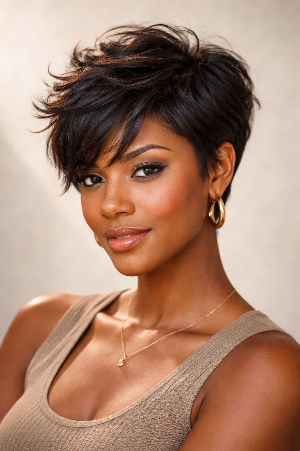 Head-and-shoulders view of layered crop hairstyle with textured top on relaxed hair.