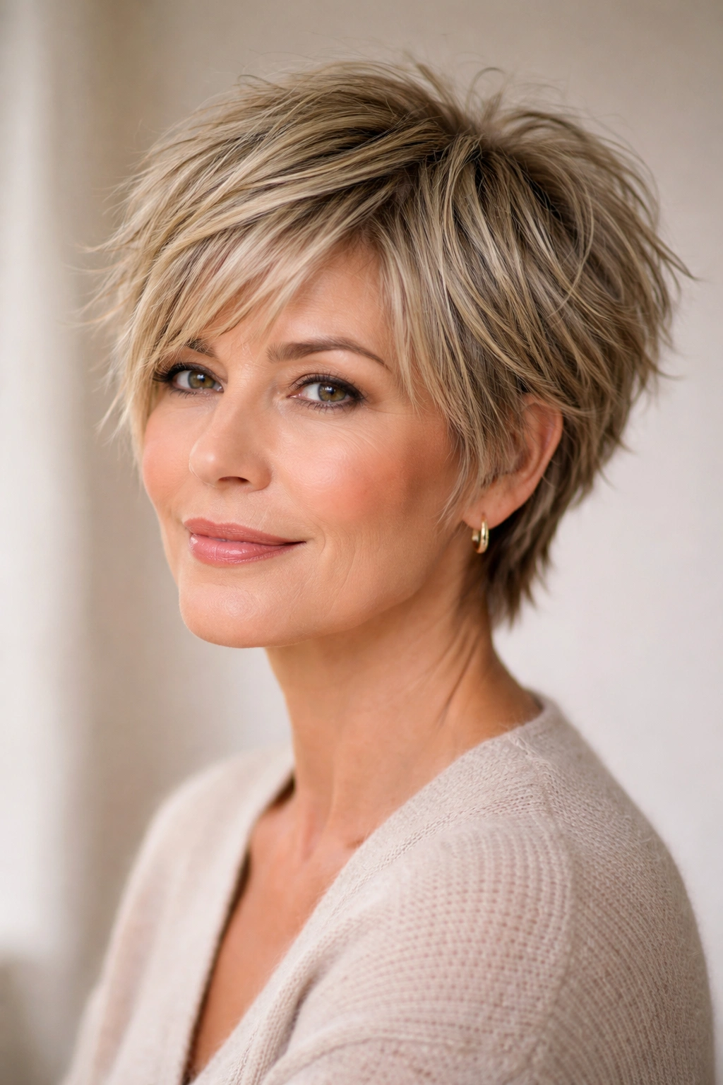 10 Short Haircuts For Older Women With Fine Hair 10 Layered tousled crop with texture on a short hairstyle showing face-framing pieces.