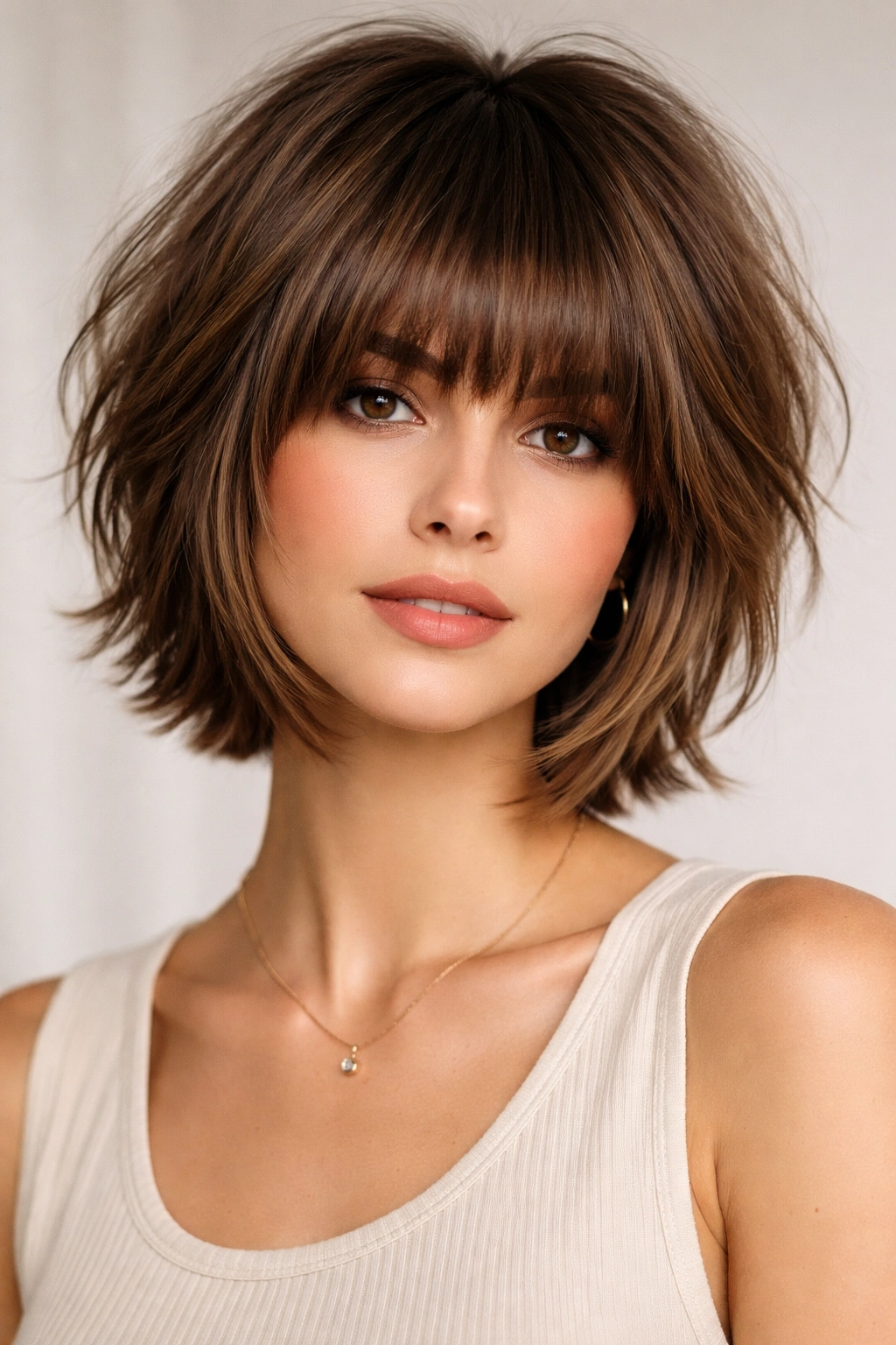 15 Medium Short Haircuts With Bangs That Flatter 4 Portrait of a model with layered crop and thick bangs in studio