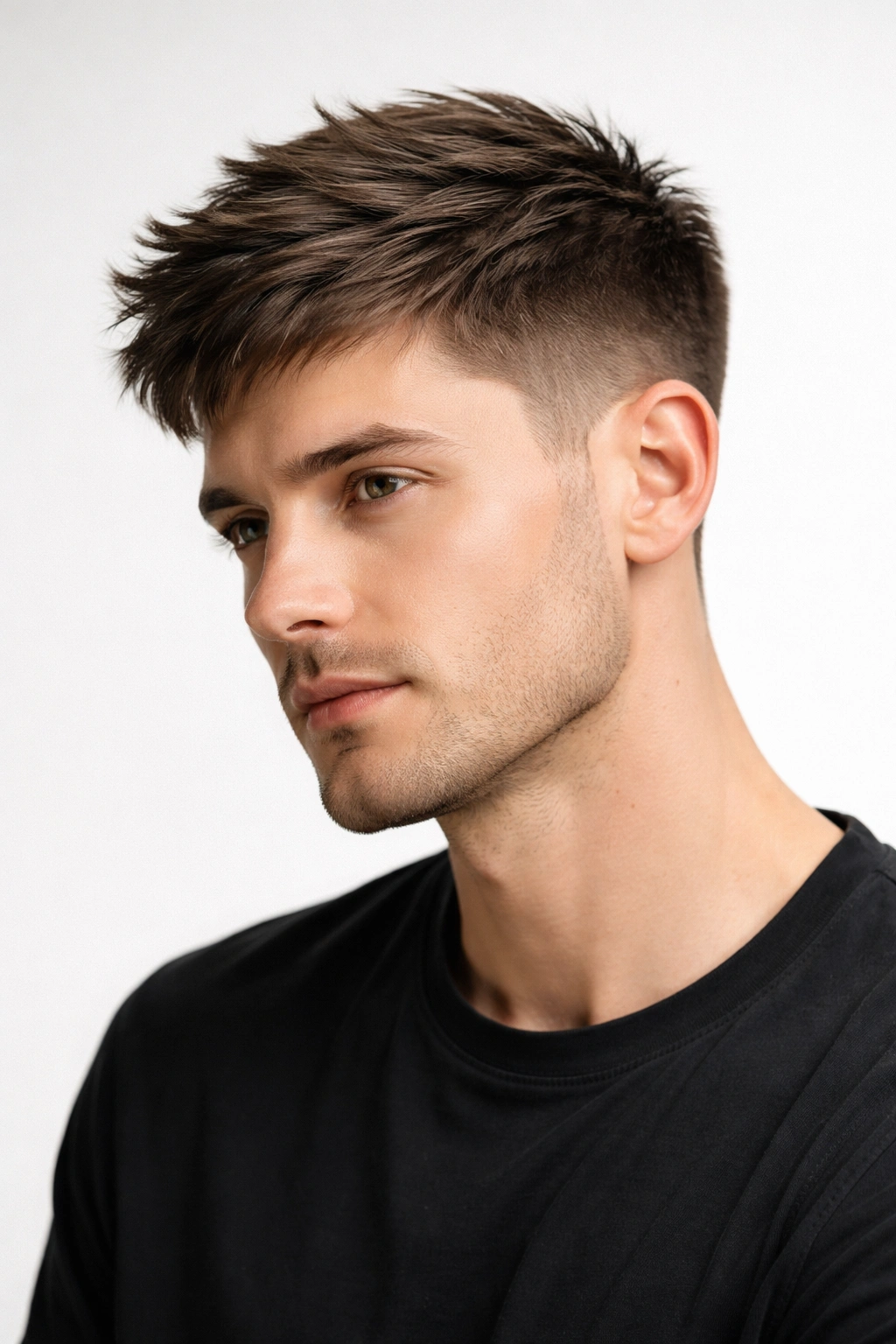 Layered crop with long top on straight hair in a studio portrait