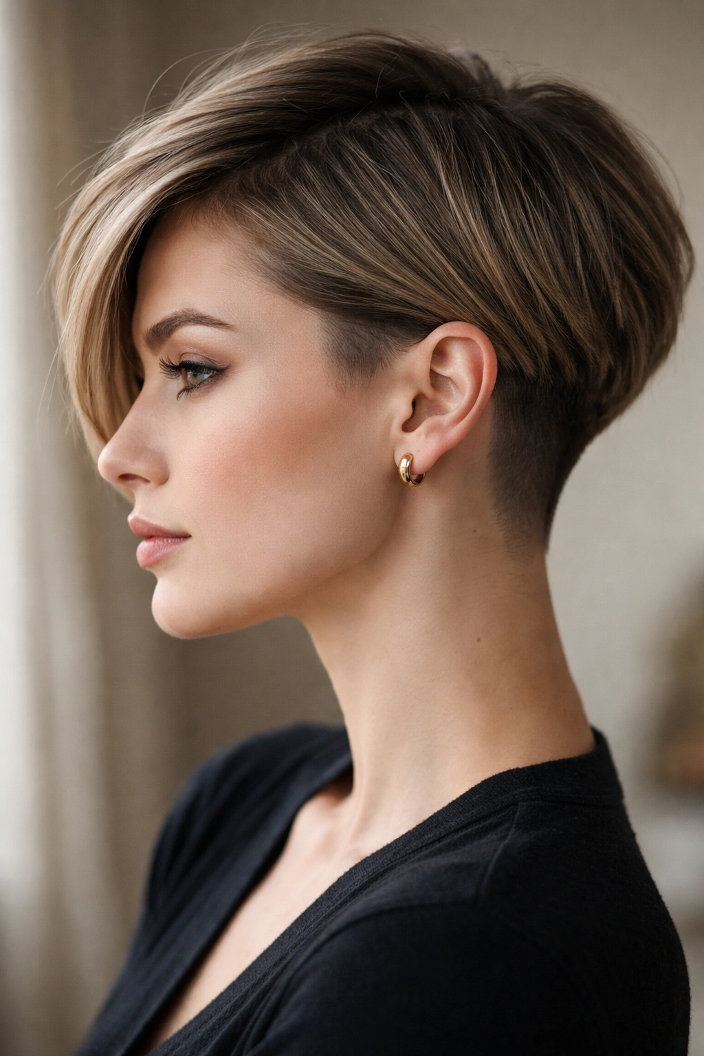Layered crop hairstyle with undercut tucked behind the ear