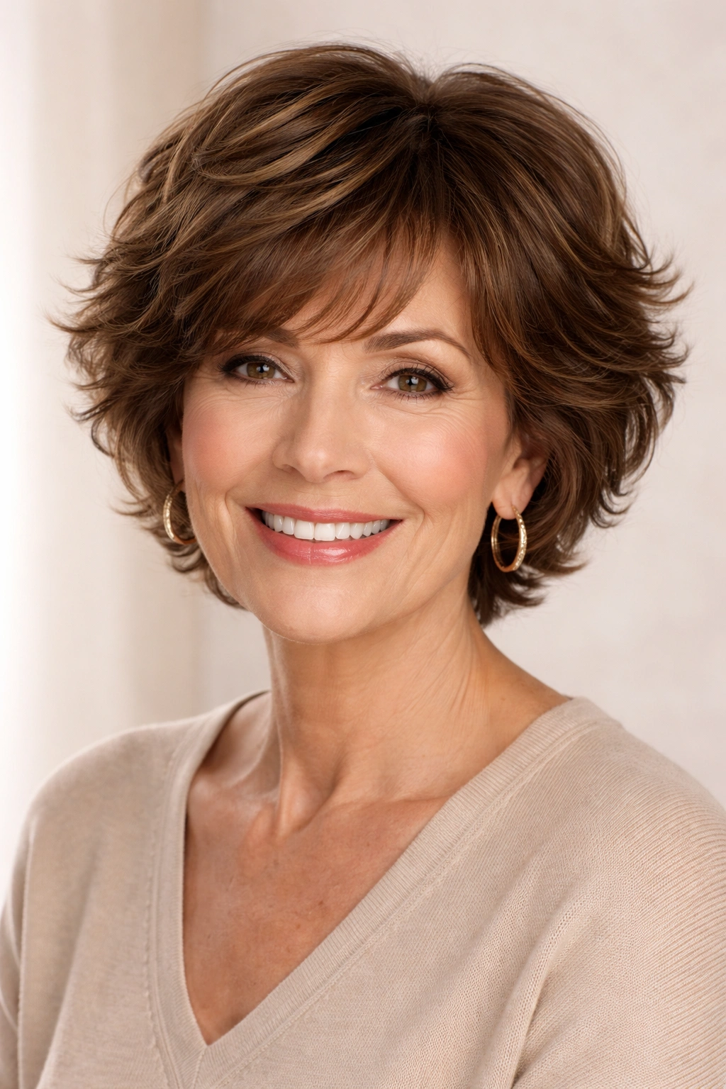 Layered wavy crop in dark caramel brown with soft textured layers