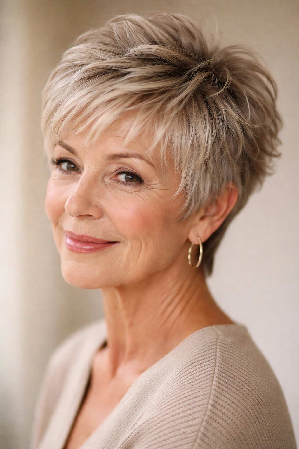 15 Hairstyles For Women Over 70 With Fine Hair 7 Close-up of a woman with a short layered crown hairstyle showing lift and texture