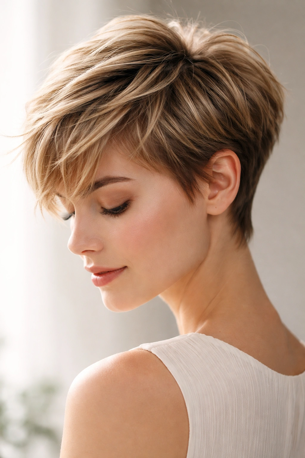 20 Very Short Haircuts That Still Look Feminine 20 Close-up of layered crown pixie with textured top and smooth sides.