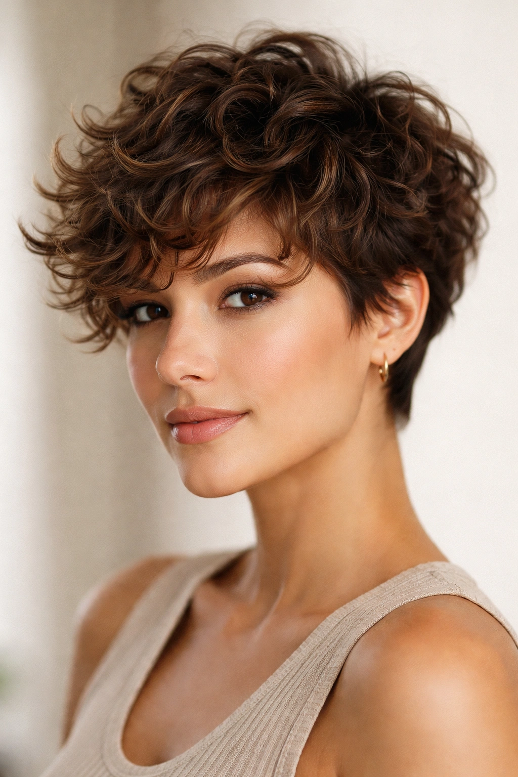 20 Short Curly Haircuts To Try Today 6 The Layered Crop showing angled layers and lift in a short curly cut.