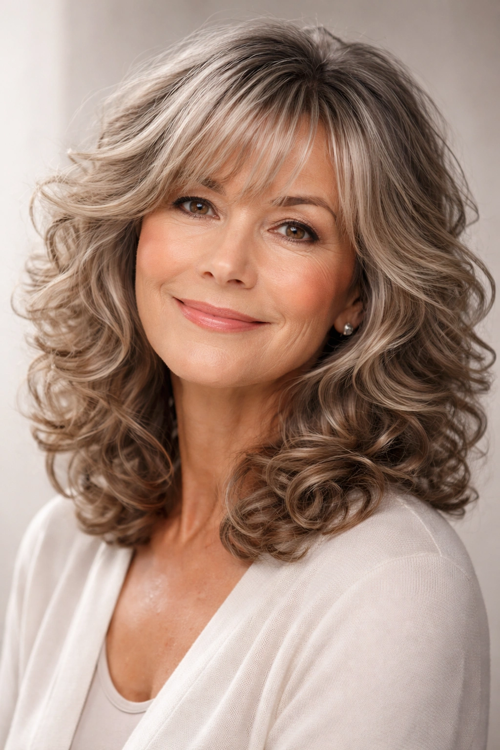 Layered medium-length curls with side-swept bangs framing the face