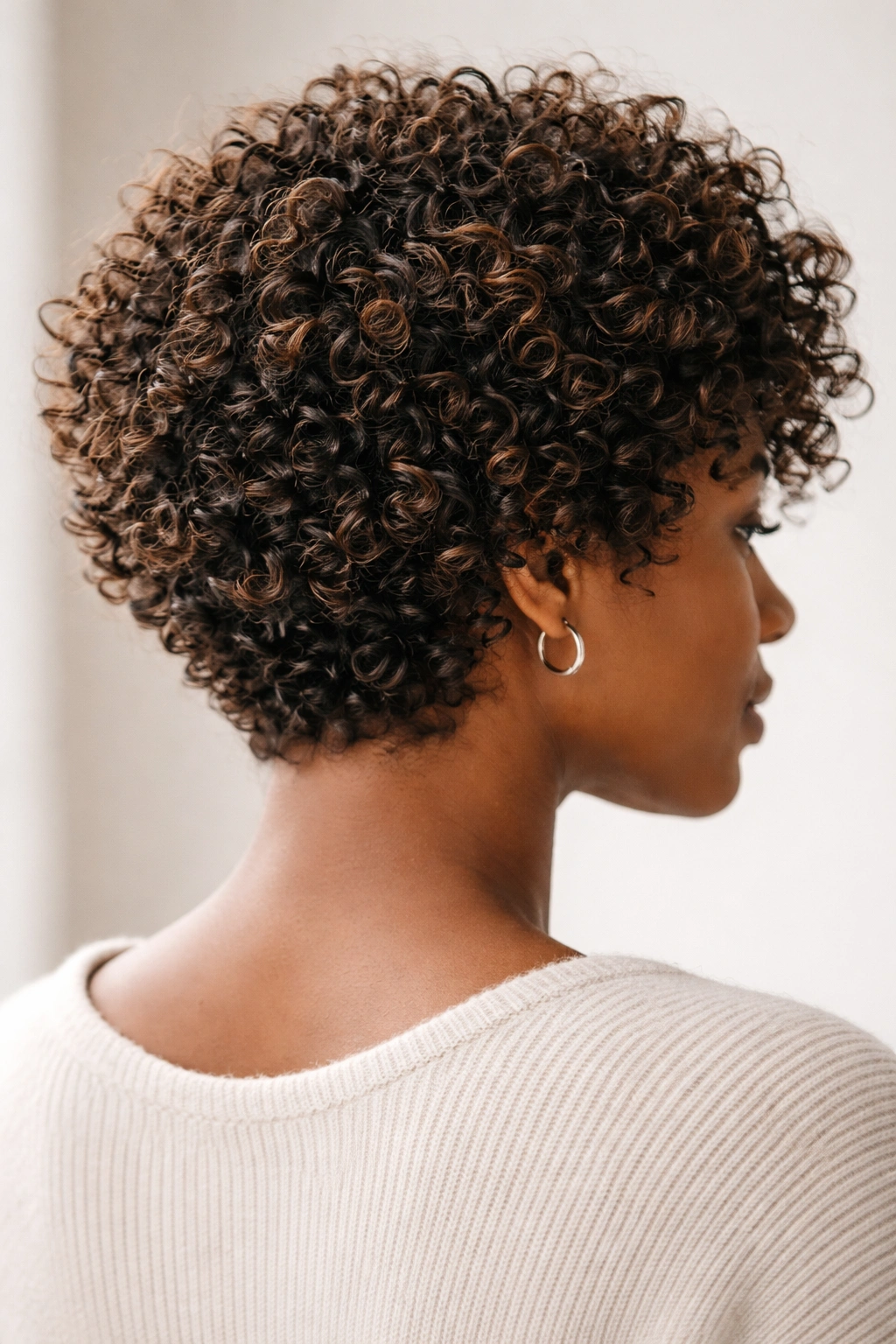 Close-up of layered curly hair showing defined curls and movement.