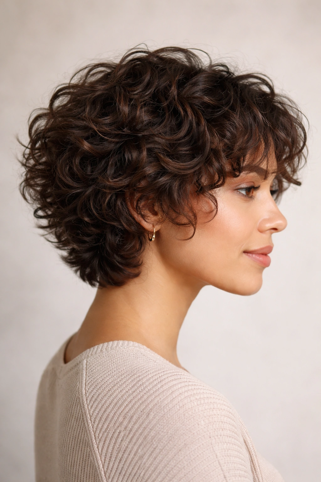 Layered curls with three to four inches length, textured and flowing.