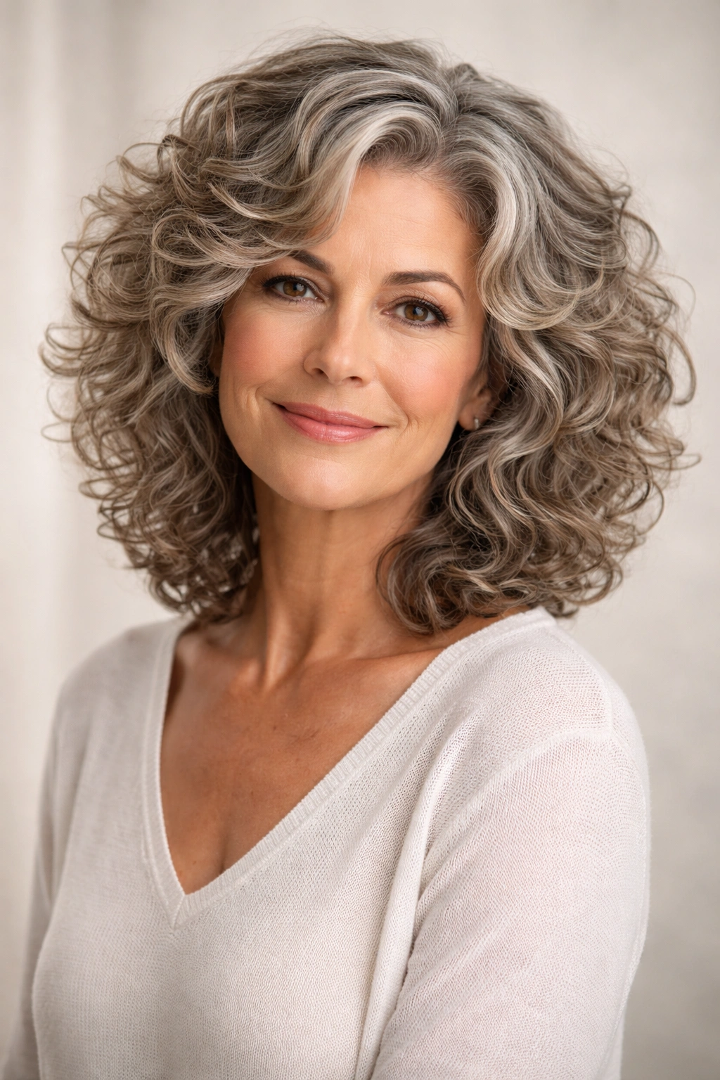 Mature woman with layered curly haircut framing her face
