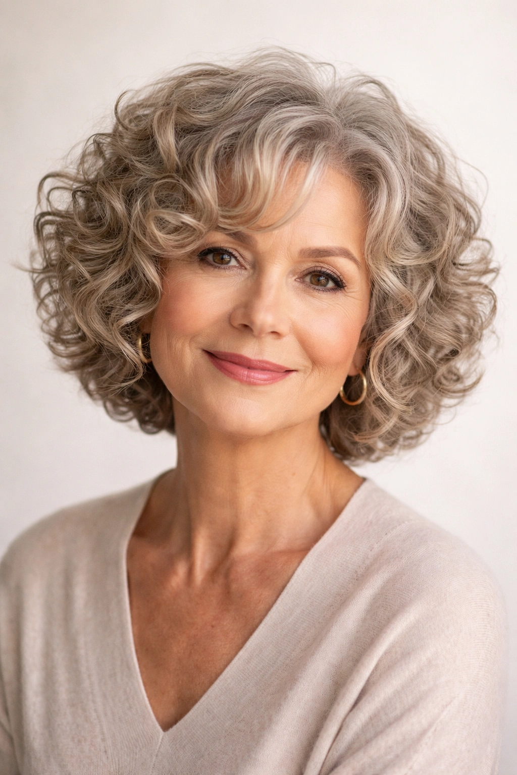 Mature woman with a layered curly bob and defined curls.