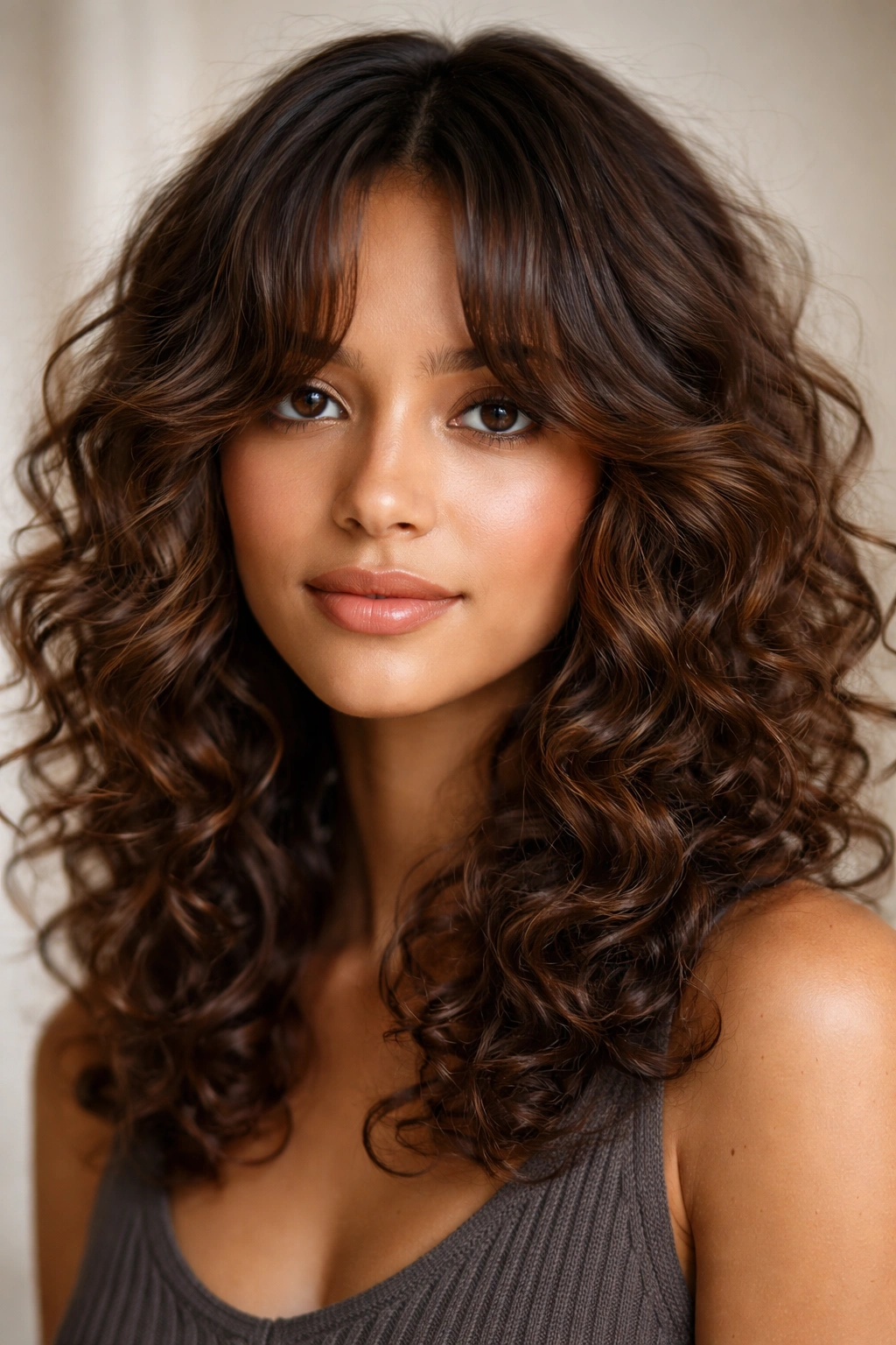 12 Curly Bang Haircuts For Every Type Of Curl 6 Layered curtain bangs framing the face with springy medium curls