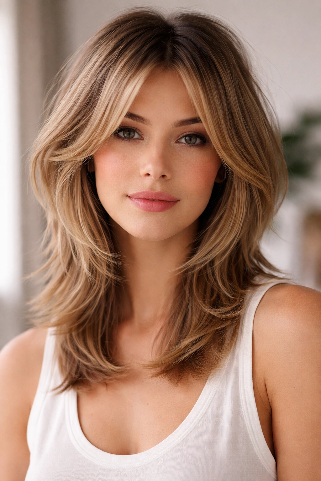 12 Short Layered Cuts For Volume And Texture 6 Model with layered curtain cut featuring face-framing pieces