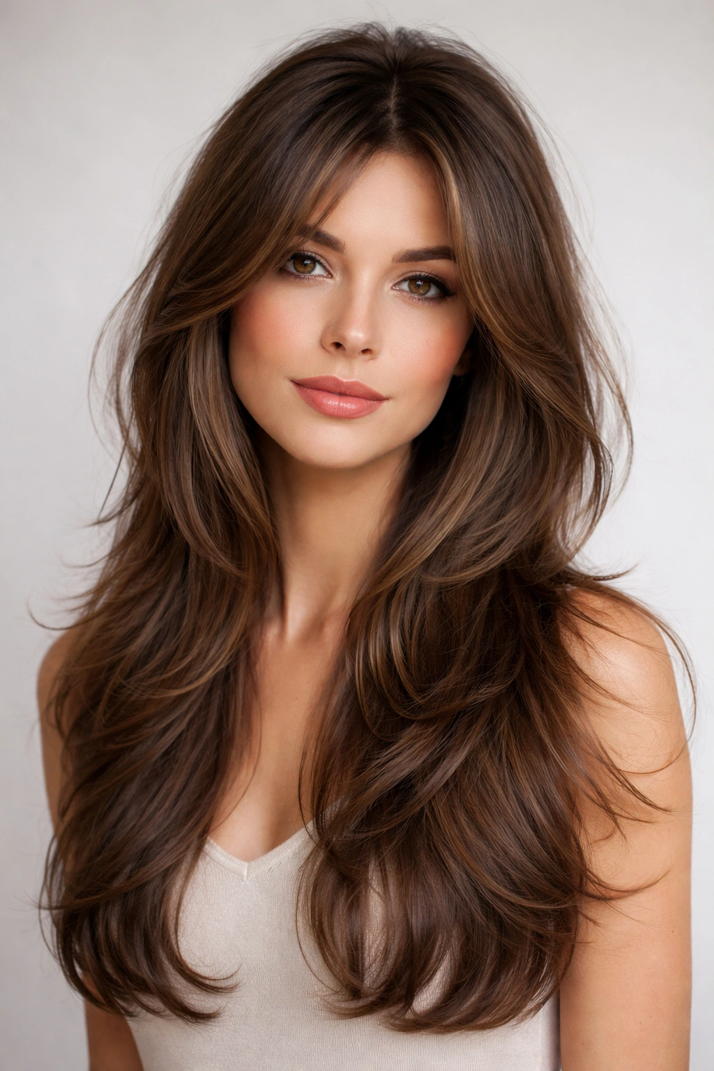 Portrait of a model showcasing layered cut with crown volume and face-framing layers