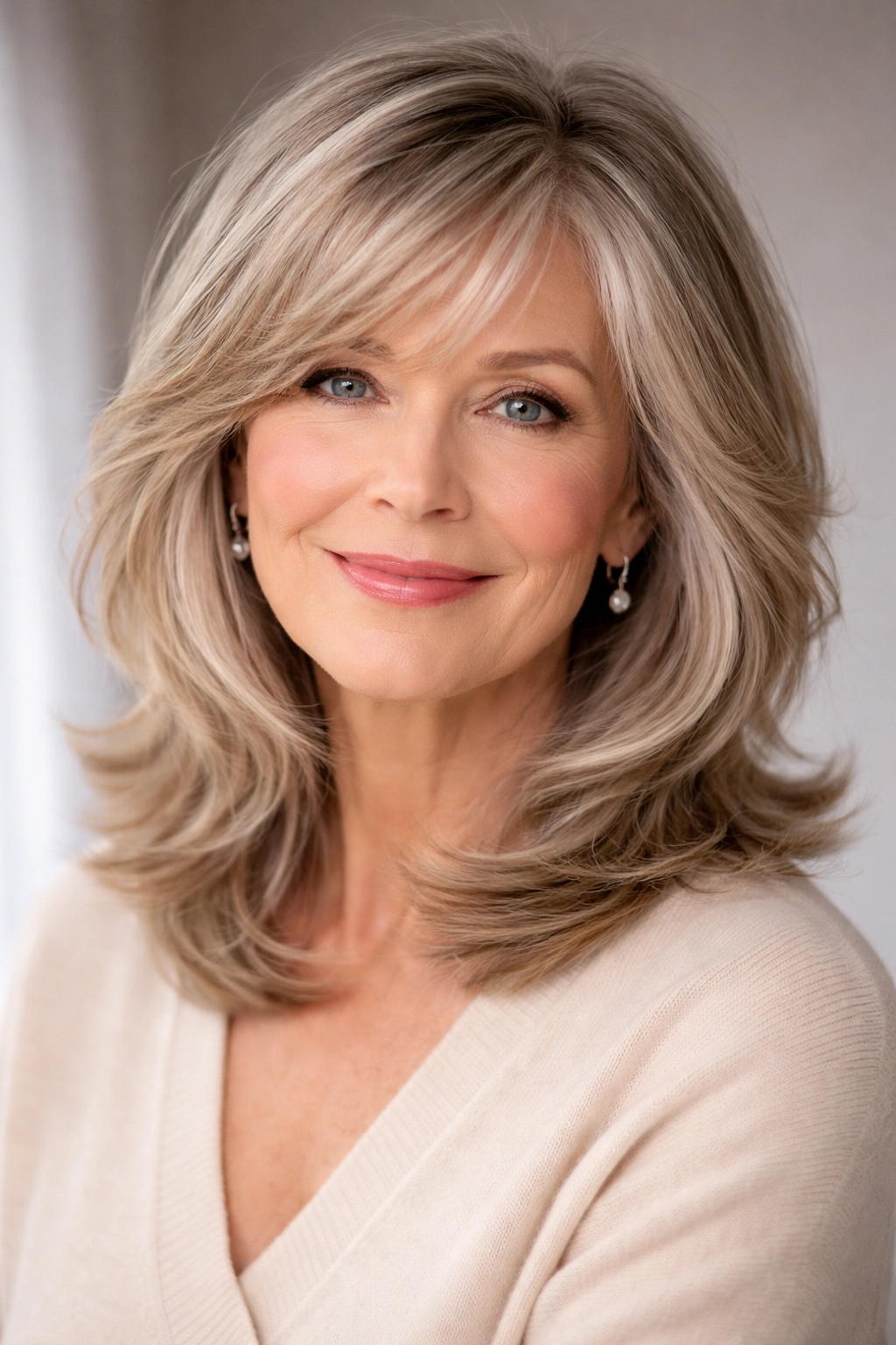Medium-layered cut with feathered side bangs