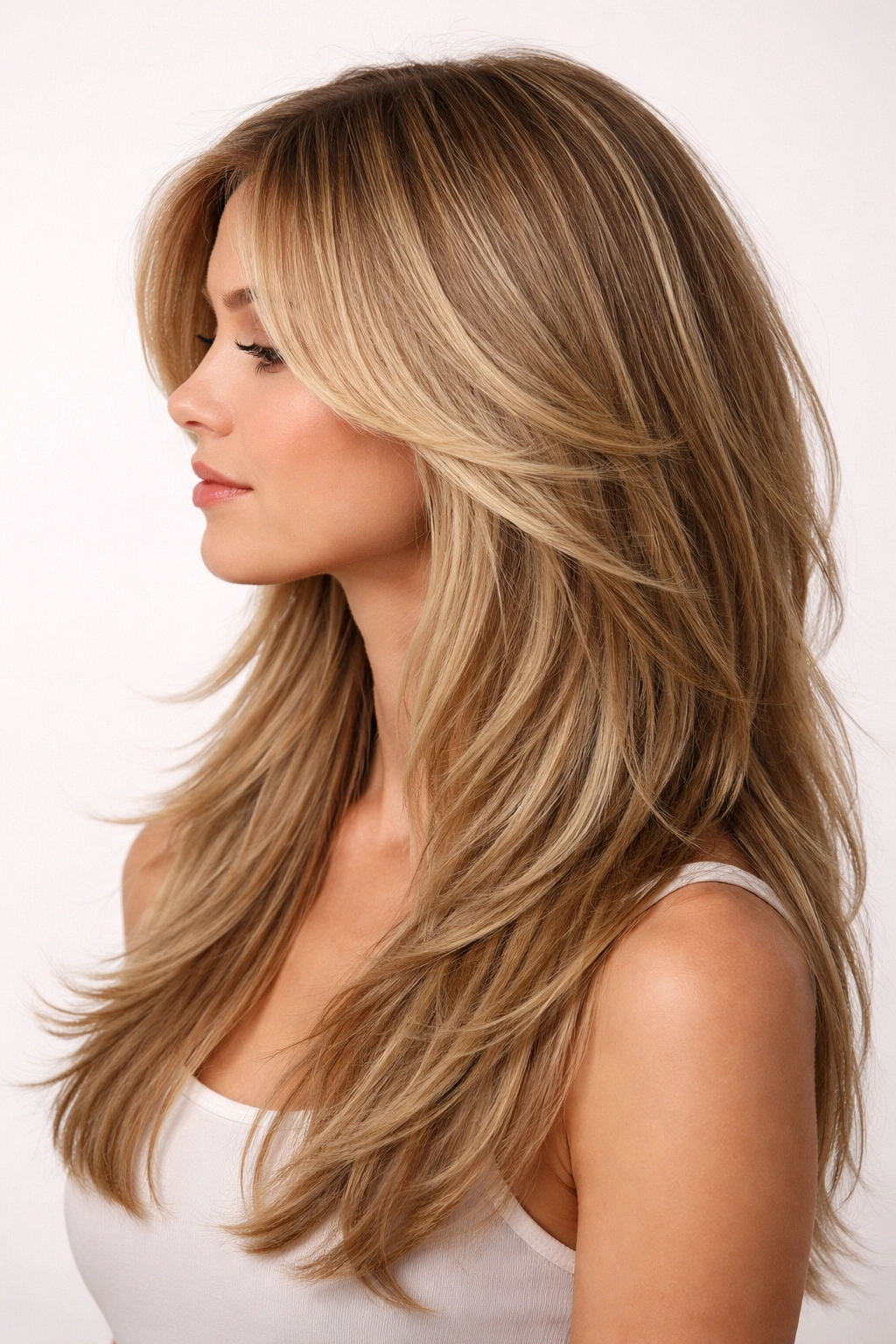 Side profile of fine hair with heavily layered long cut