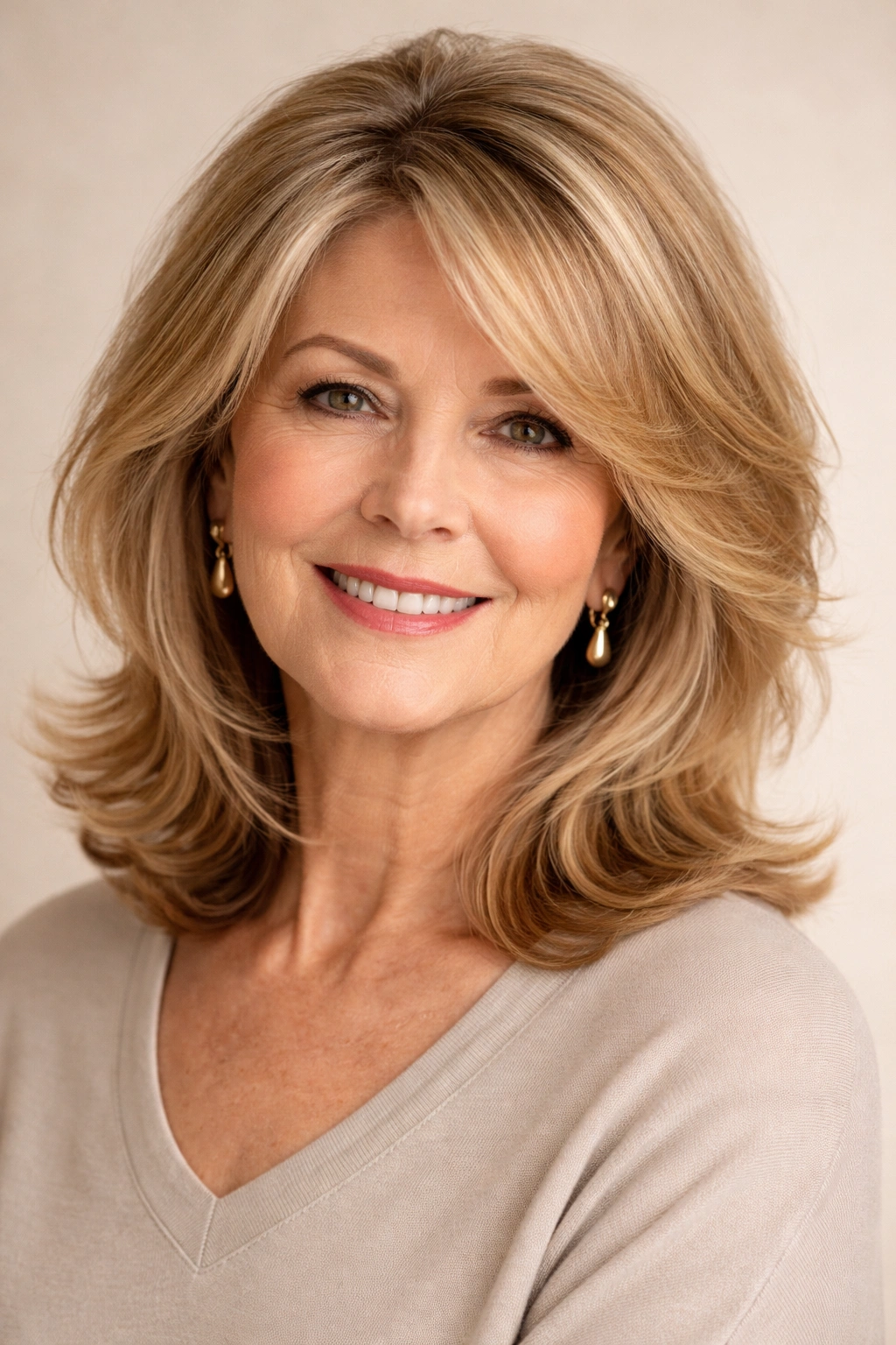 Shoulder-length layered hairstyle with deep side part and honey-blonde highlights