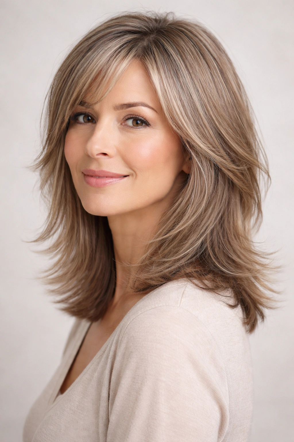 Medium-length layered cut with wispy ends and feathered texture