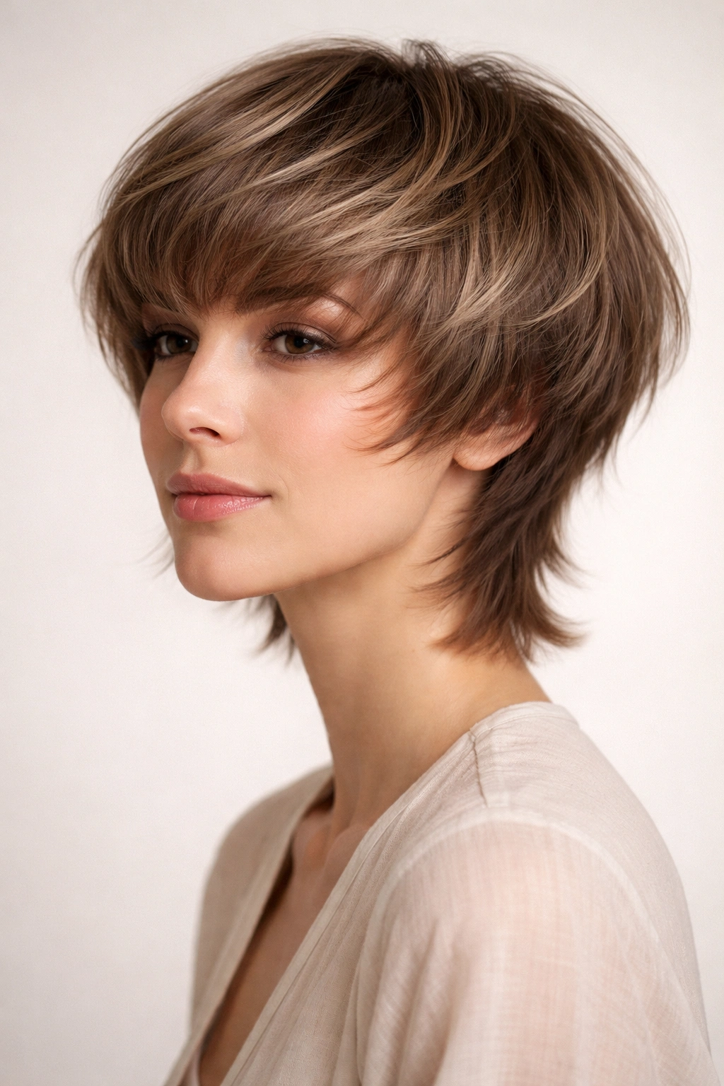 Three-quarter view of layered and feathered bowl cut with movement