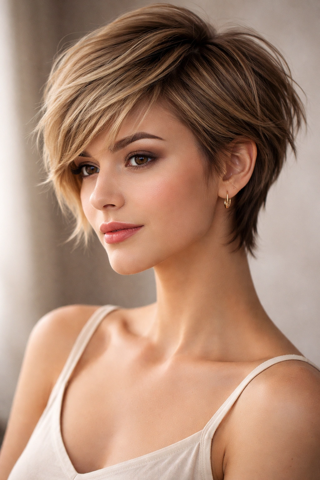 Layered feathered pixie with diagonal layers and soft movement