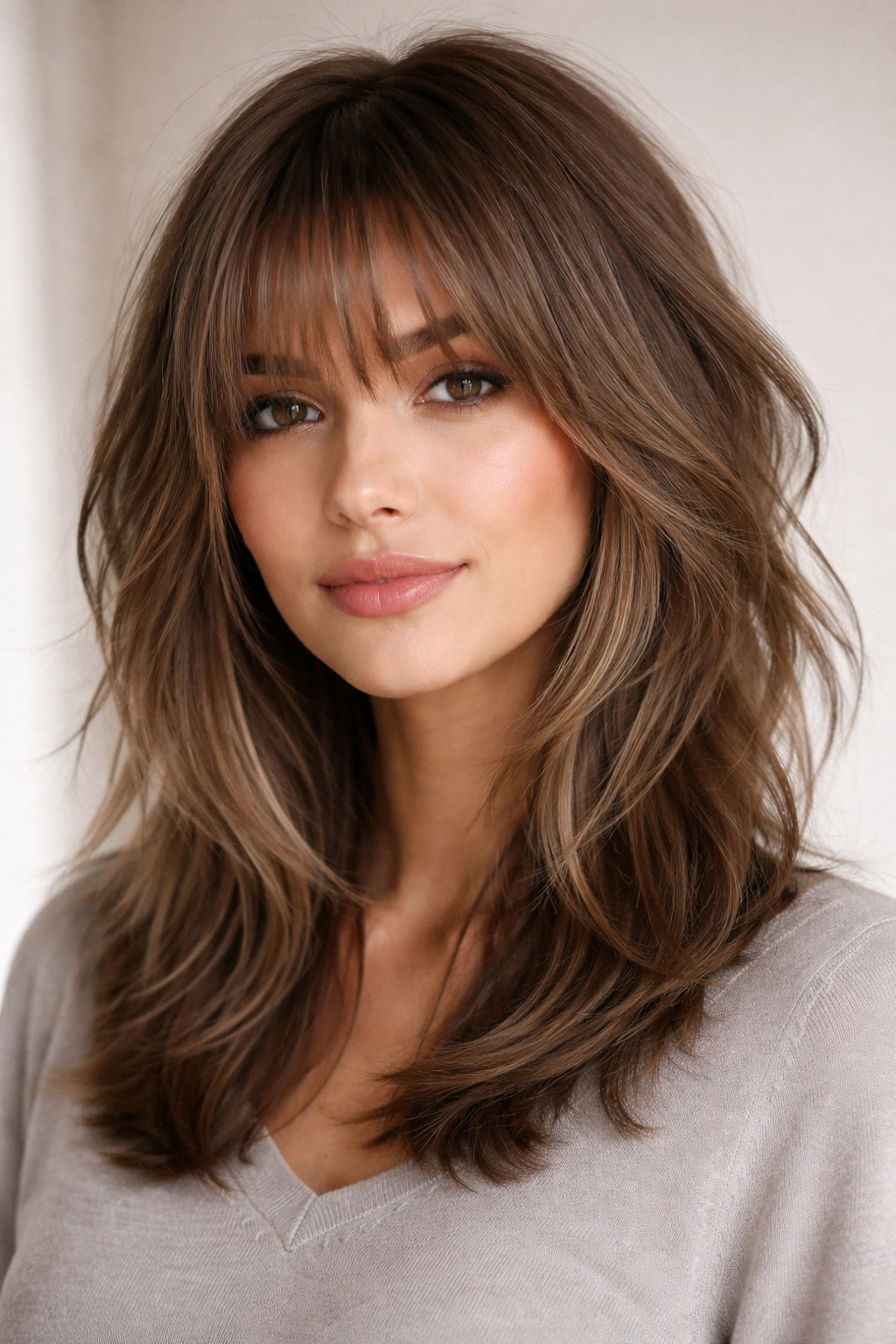 Medium-length layered hair with wispy fringe framing the face; soft textured layers.