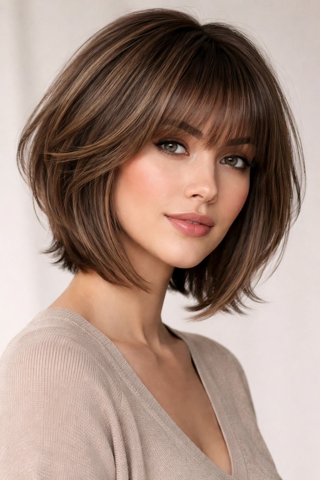 Portrait of a model with layered graduated inverted bob and bangs showing cascading layers and face-framing fringe.