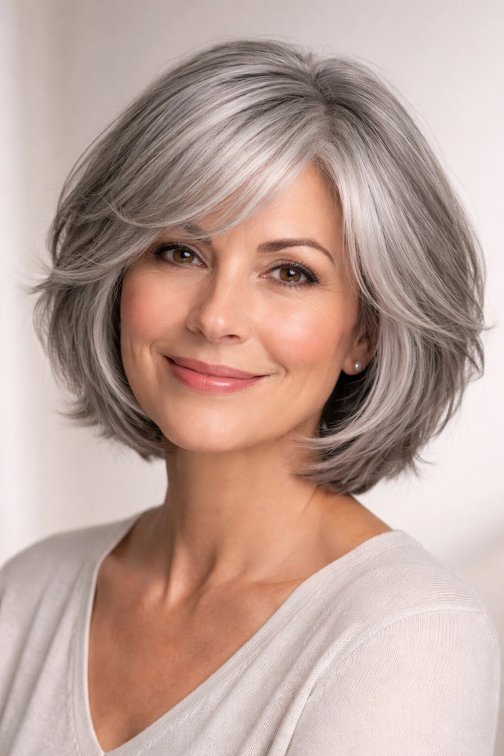 Chin-length layered gray bob with volume and movement.