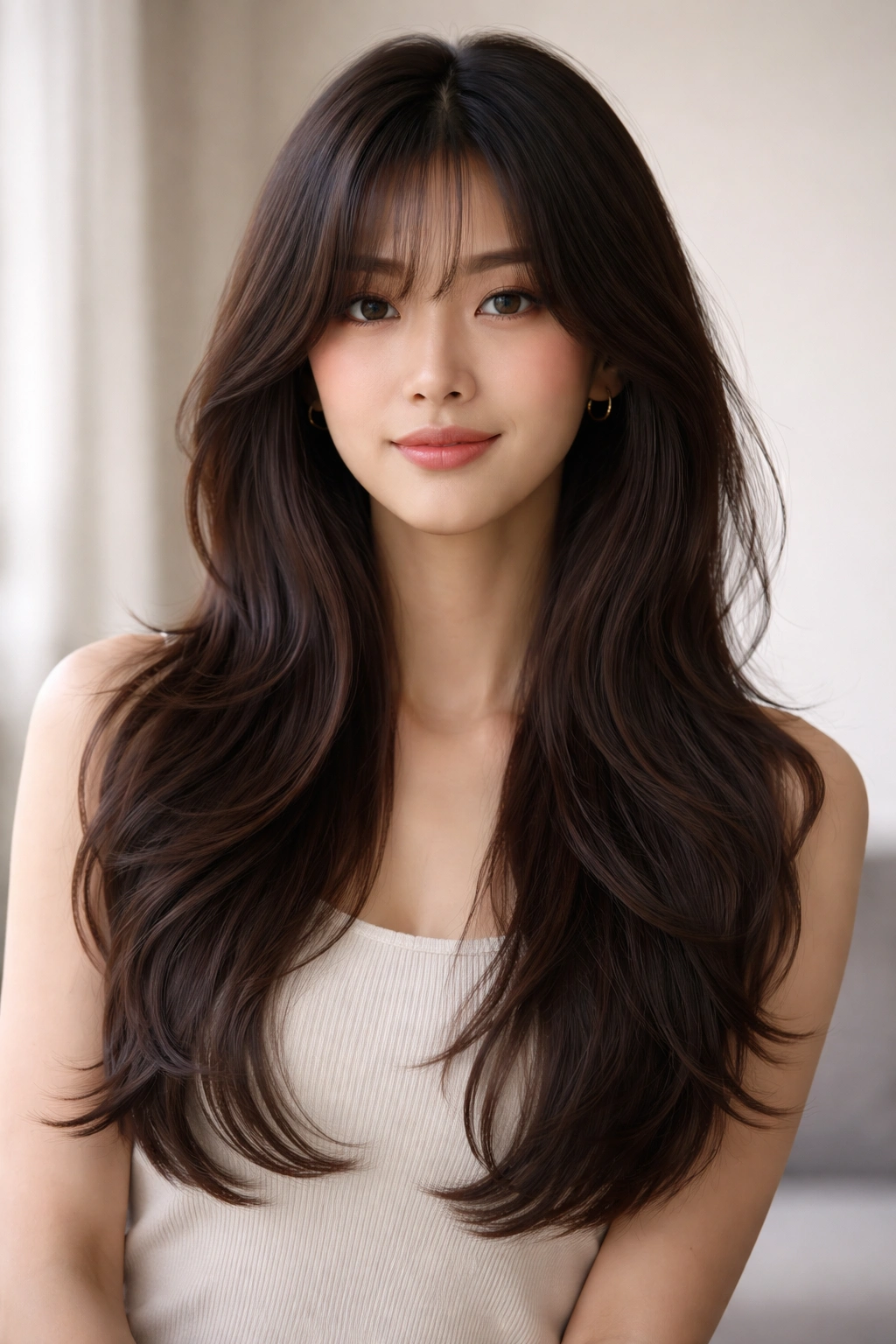 15 Asian Hairstyles Women Can T Stop Pinning 2 Layered long hair with curtain bangs framing the face