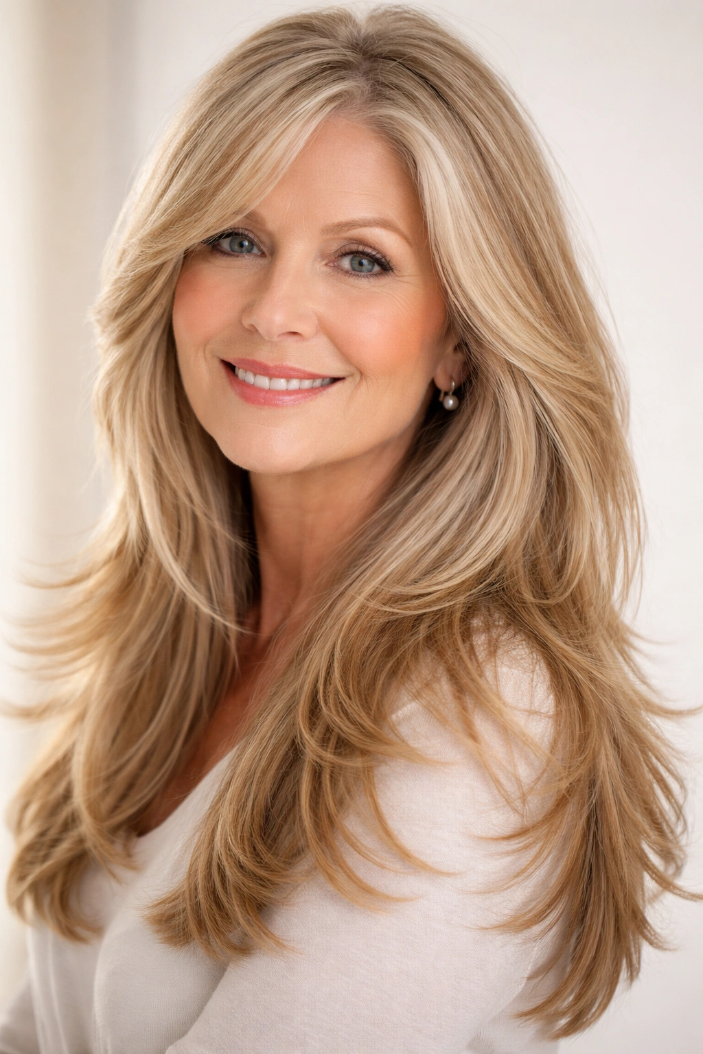 Long layered hair with feathered ends in soft studio lighting
