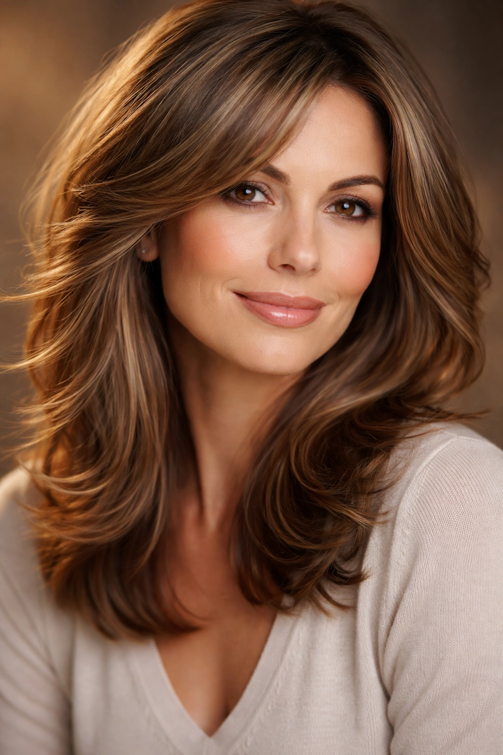 Mature woman with softly layered mid-length hair showing movement