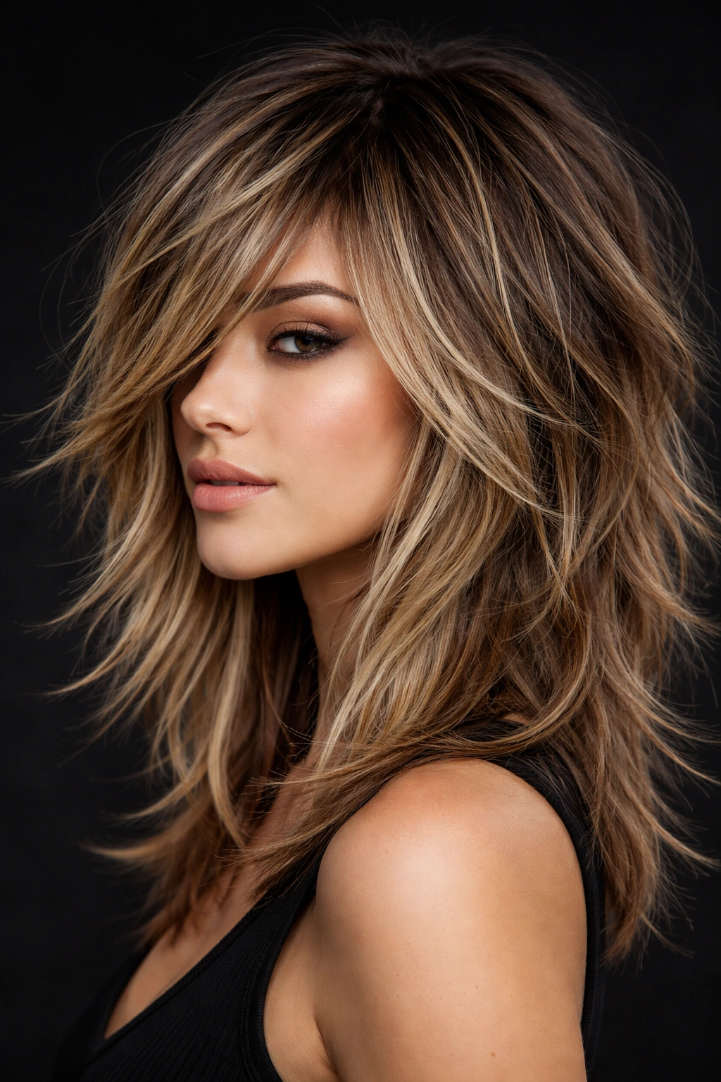 Heavily layered piece-y medium hair with swept bangs