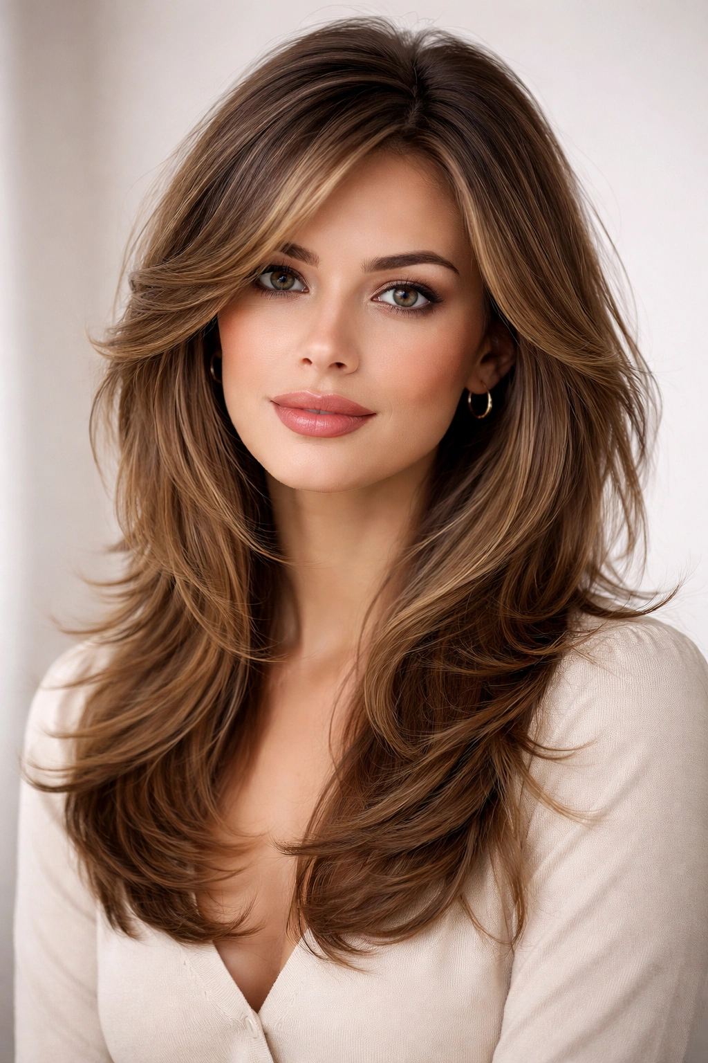 Model with layered haircut suited for various face shapes