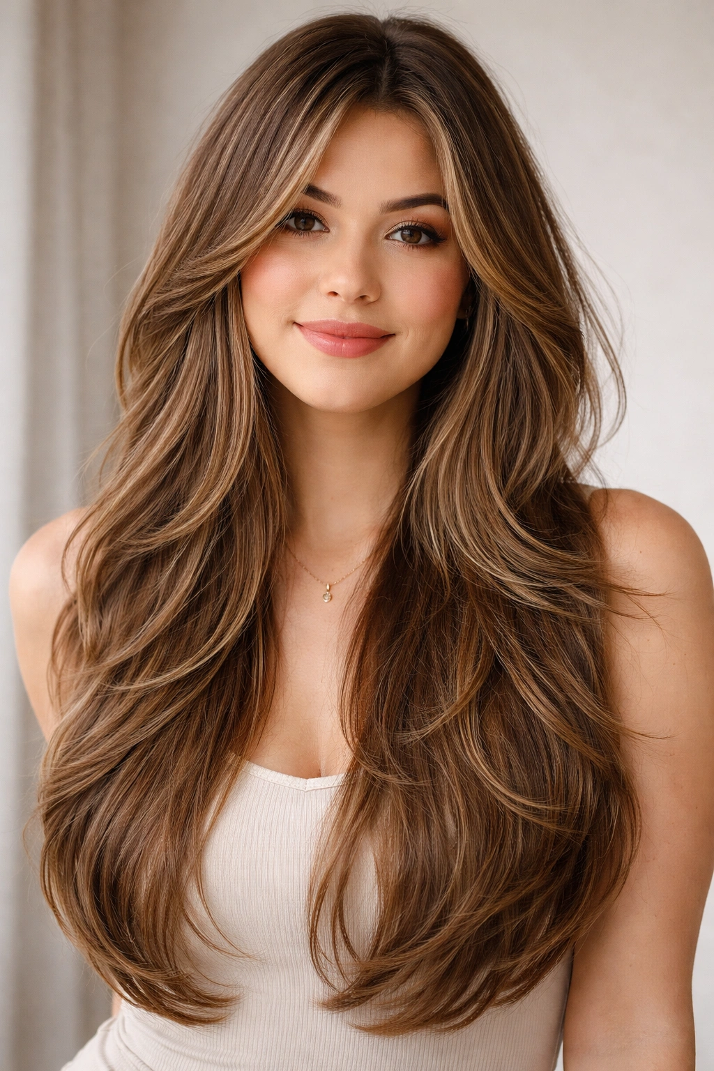 15 Hairstyles That Beautifully Flatter Round Faces 1 Long layered hairstyle with cascading pieces starting at cheekbone length