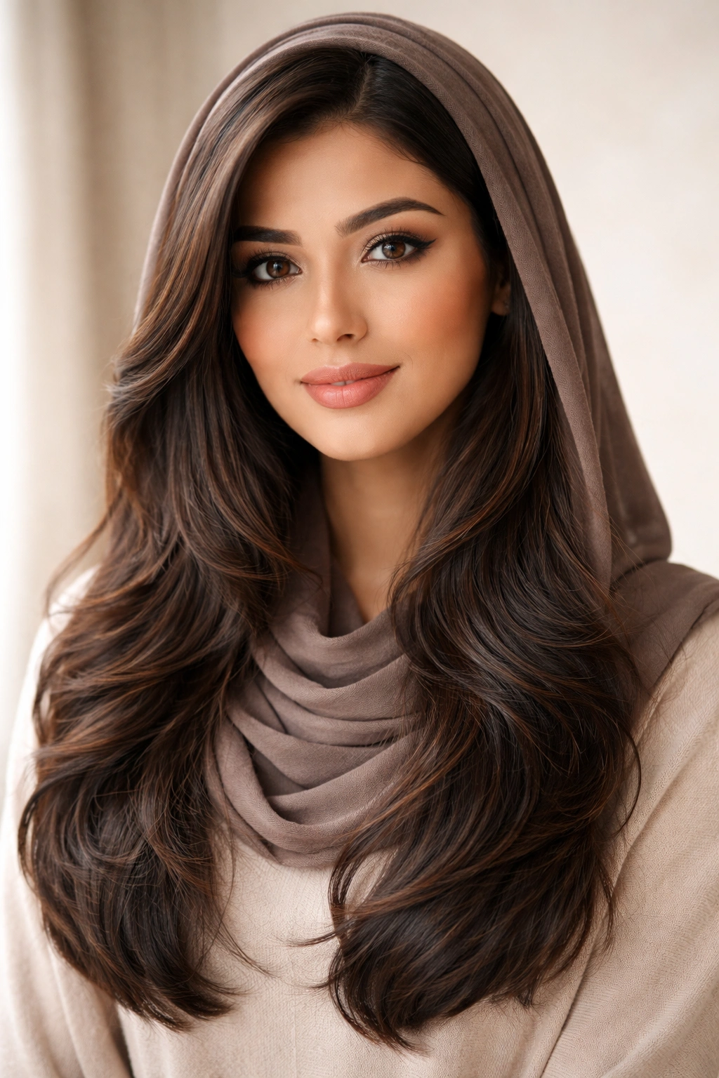 Close-up of a woman with thick, layered hair framing the face.