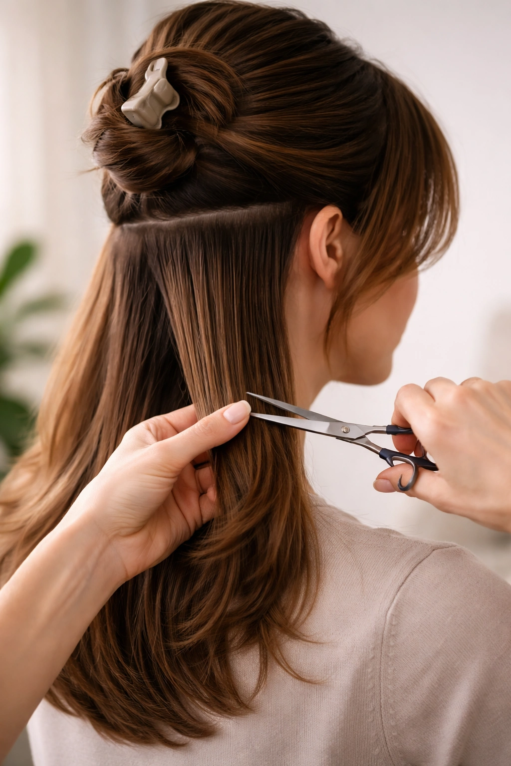 Close-up of hands trimming layered hair with crown clip and side sections