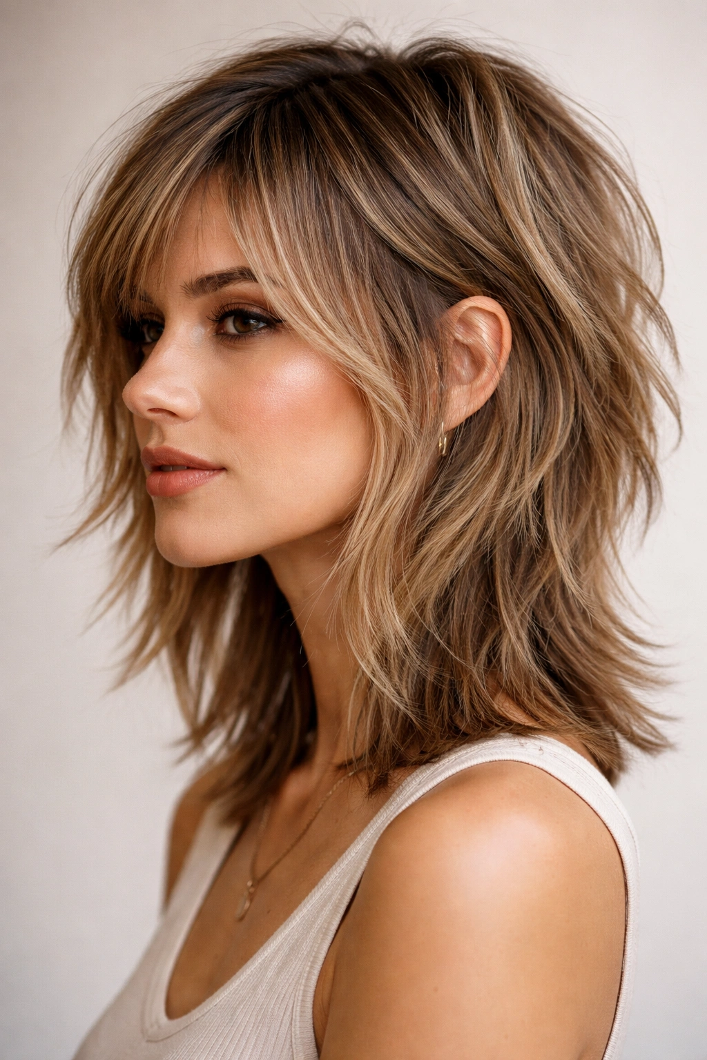 Close-up portrait of a choppy layered haircut with short, textured layers
