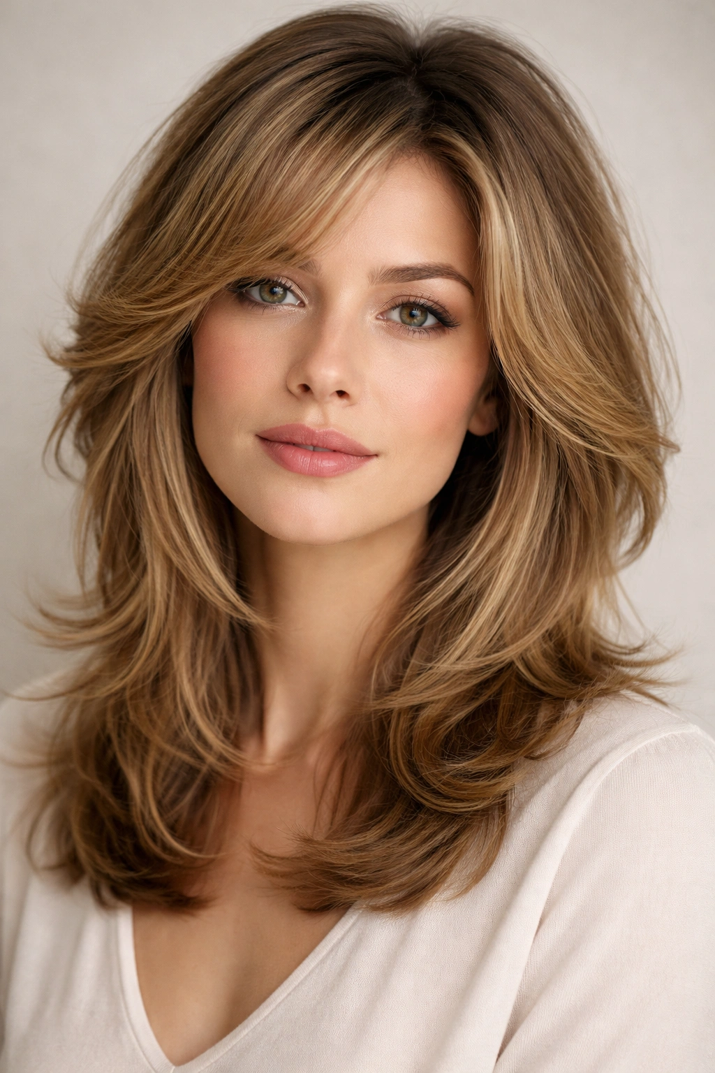 Layered shoulder-length hairstyle with maximum crown volume and textured layers.