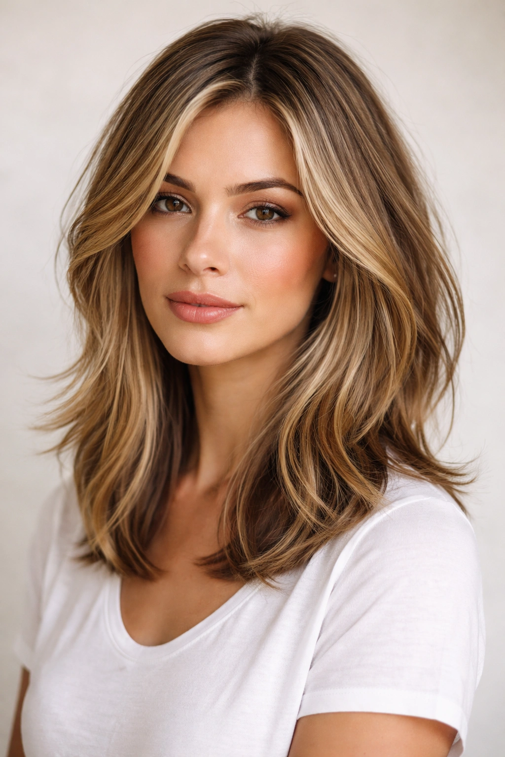 Shoulder-length layered lob with subtle babylights for dimension.