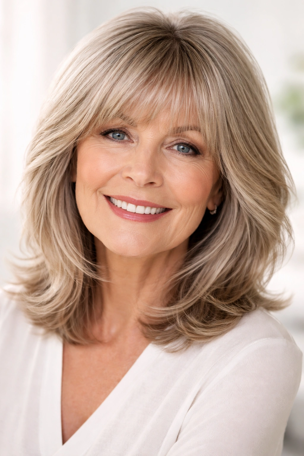 Layered lob with brow-grazing bangs highlighting face-framing layers