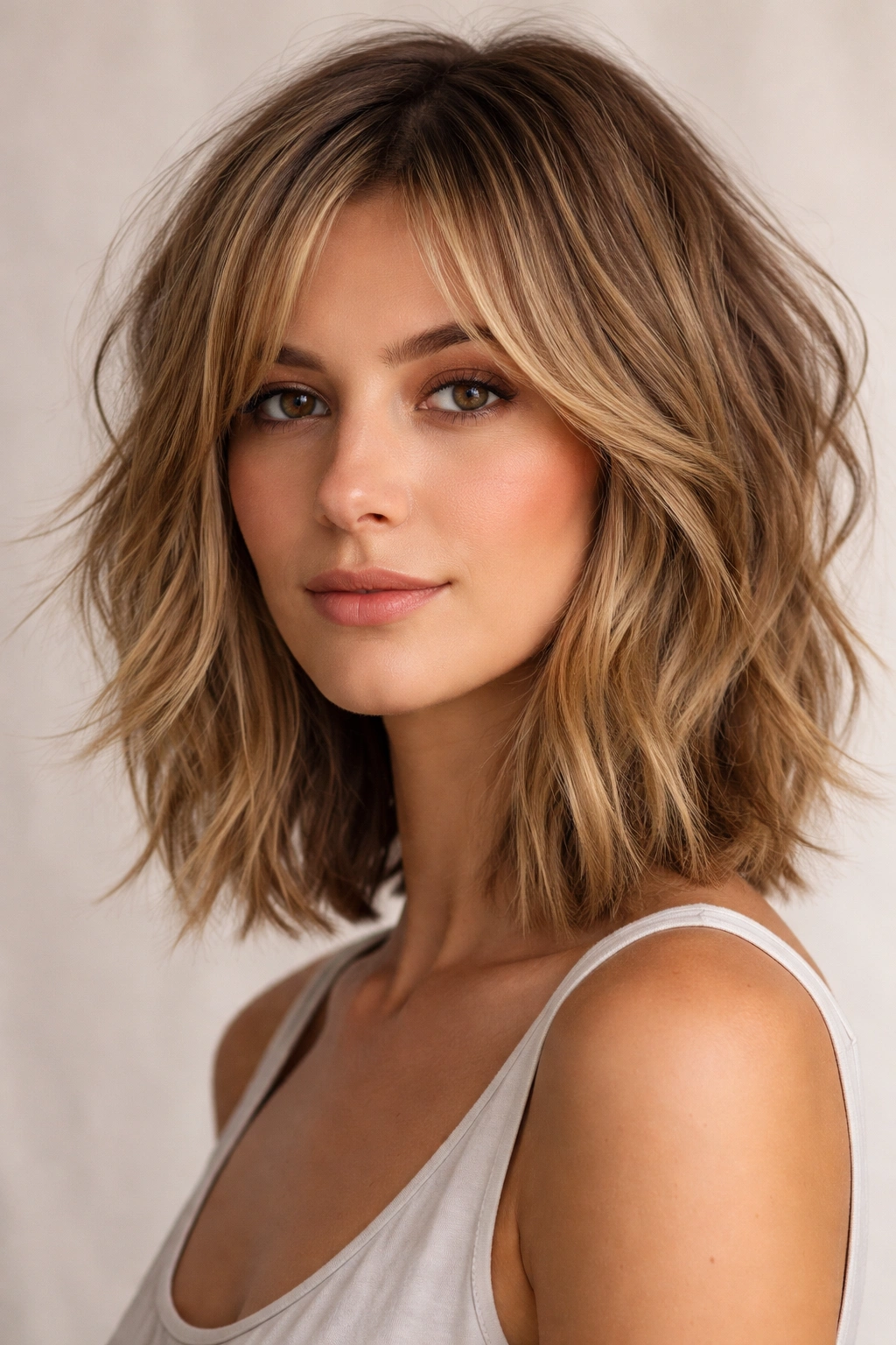 15 Haircuts That Shorten And Balance A Long Face 3 Close-up of layered lob with choppy texture and voluminous sides