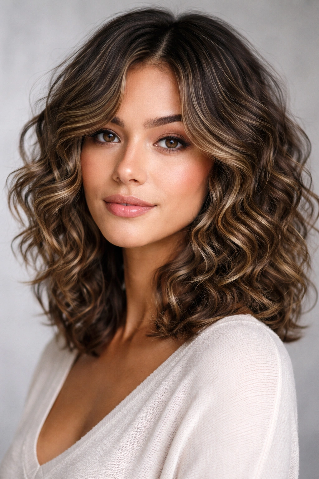 Shoulder-length layered wavy lob with defined curl clusters