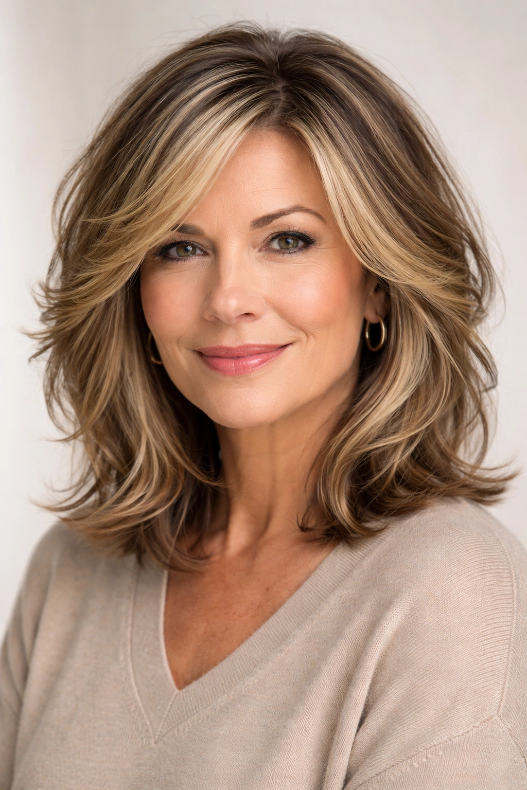 Shoulder-length layered lob with dimensional color and soft waves.