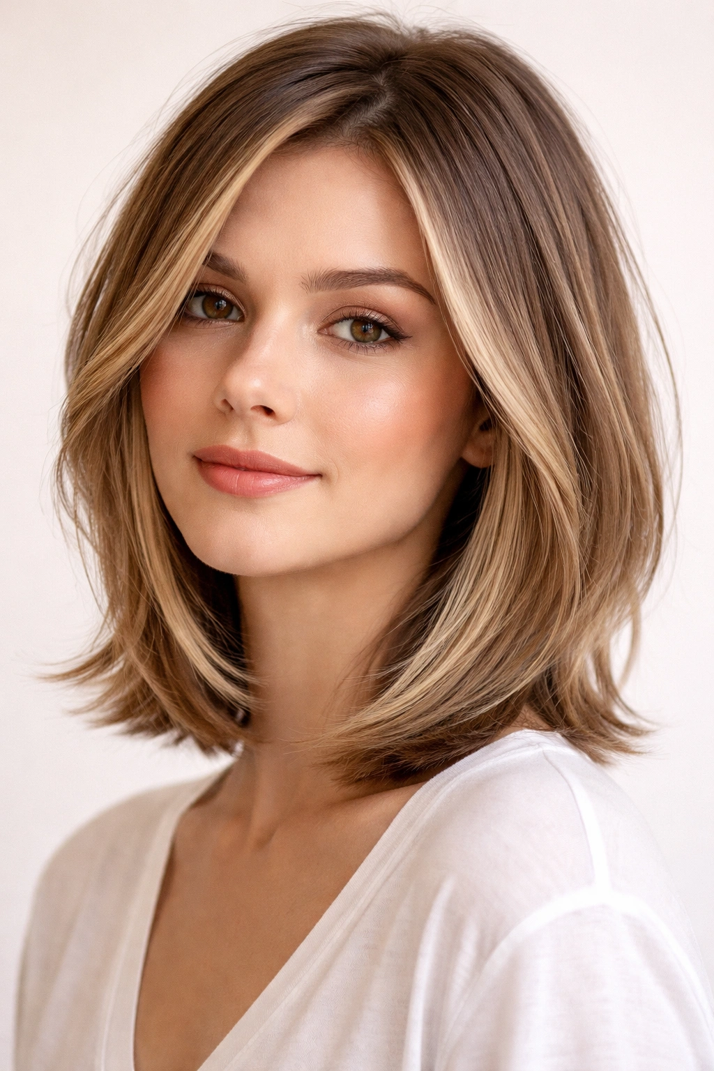 Layered lob at chin length with face-framing layers