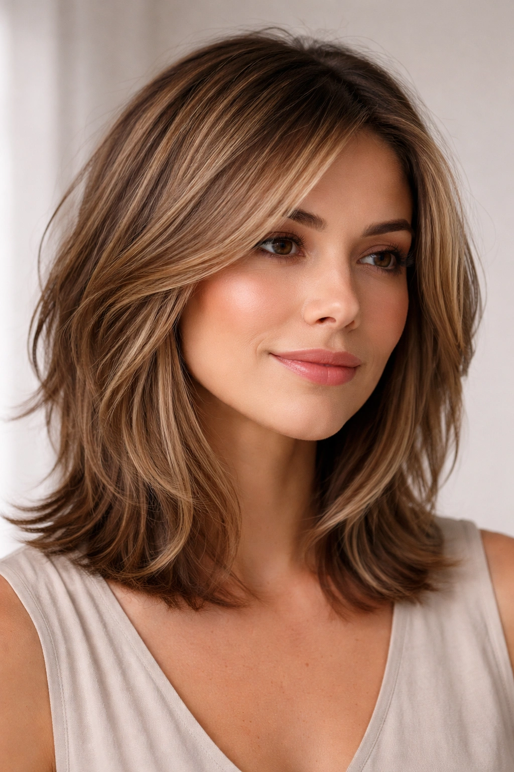 Layered long bob with face-framing layers and varied lengths