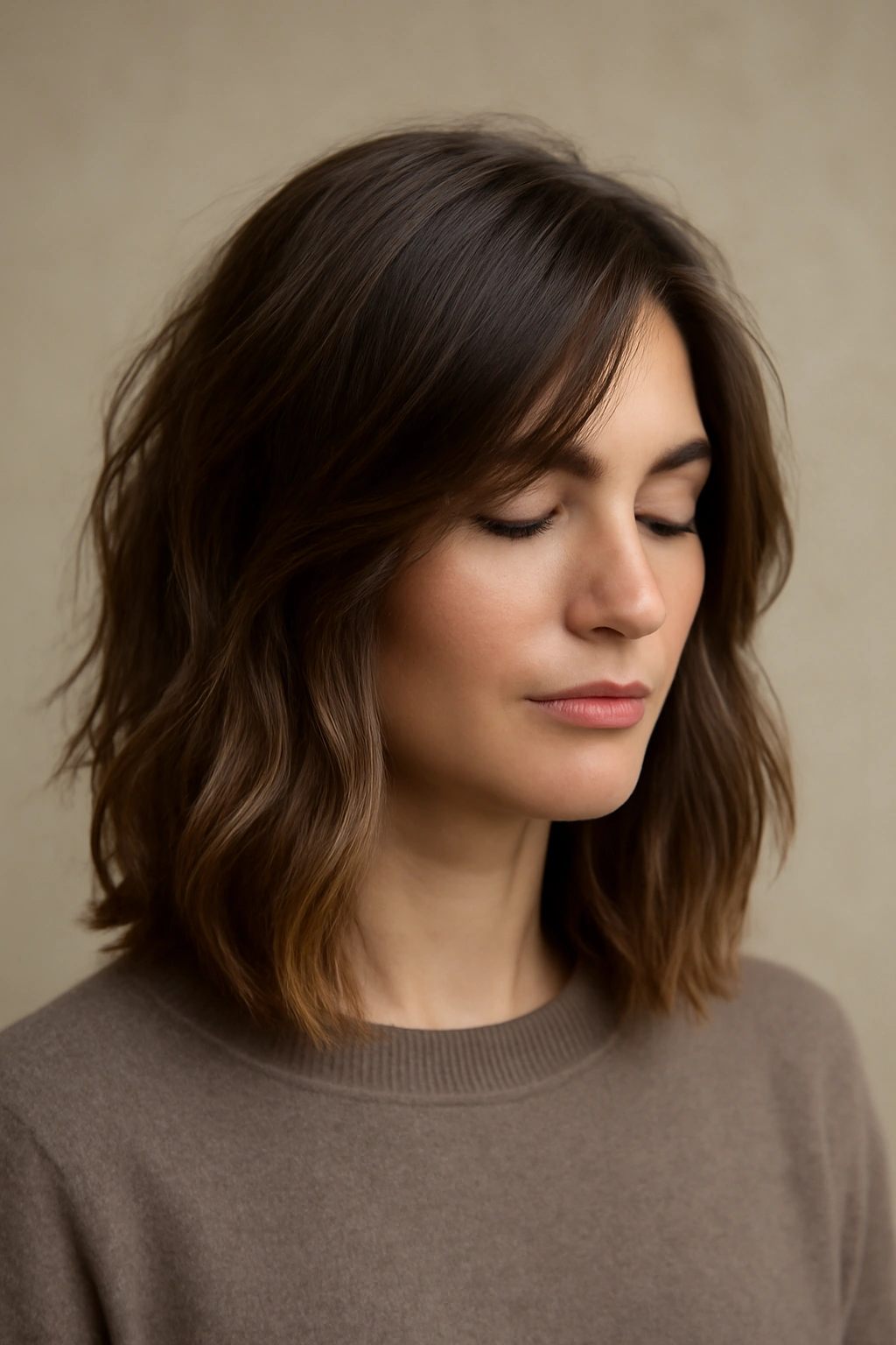 12 Wash and Wear Haircuts for Easy Mornings 7 Close-up of a shoulder-length lob with layered waves and natural air-dried texture.